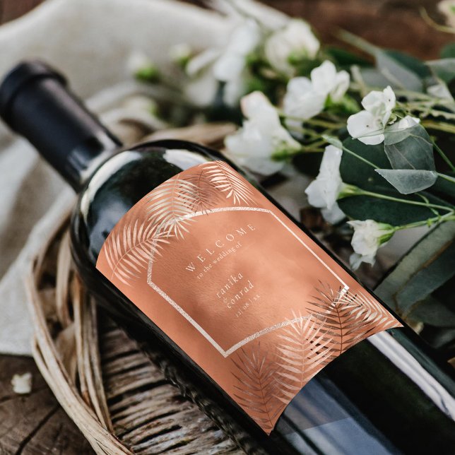Lush Palm Leaf Wedding Welcome Terra Cotta ID956 Wine Label (Creator Uploaded)