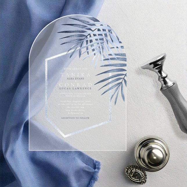 Lush Palm Leaf Wedding Windsor Blue ID956 Acrylic Invitations (Creator Uploaded)
