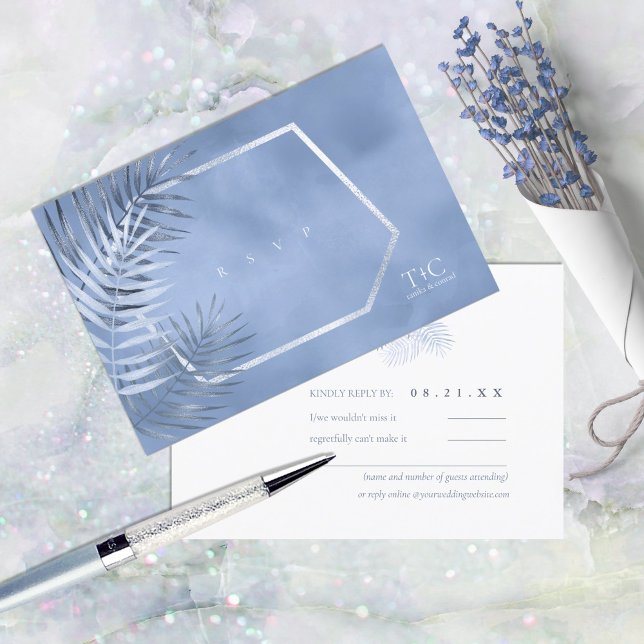 Lush Palm Leaf Wedding Windsor Blue ID956 RSVP Card (Creator Uploaded)