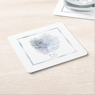Lush Palm Leaf Wedding Windsor Blue/White ID956 Square Paper Coaster