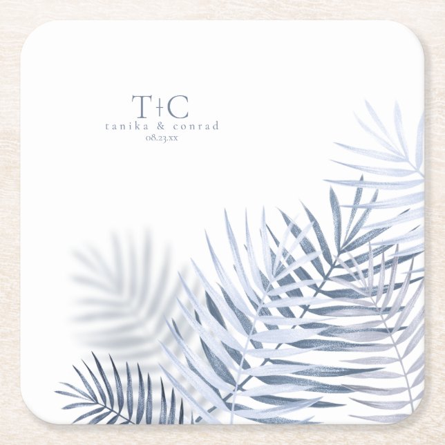 Lush Palm Leaf Wedding Windsor Blue/Wht ID956 Square Paper Coaster (Front)