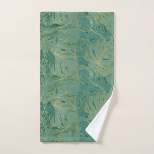 Lush palm leaves pattern in green and gold bath towel set