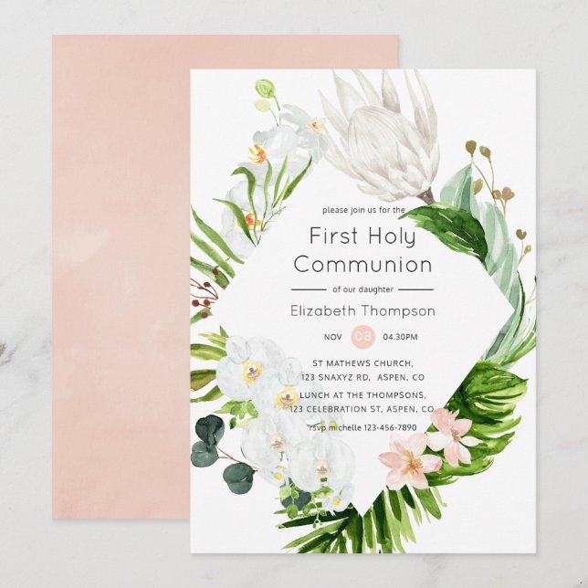 Lush Paradise Tropical Floral First Holy Communion Invitation (Front/Back)