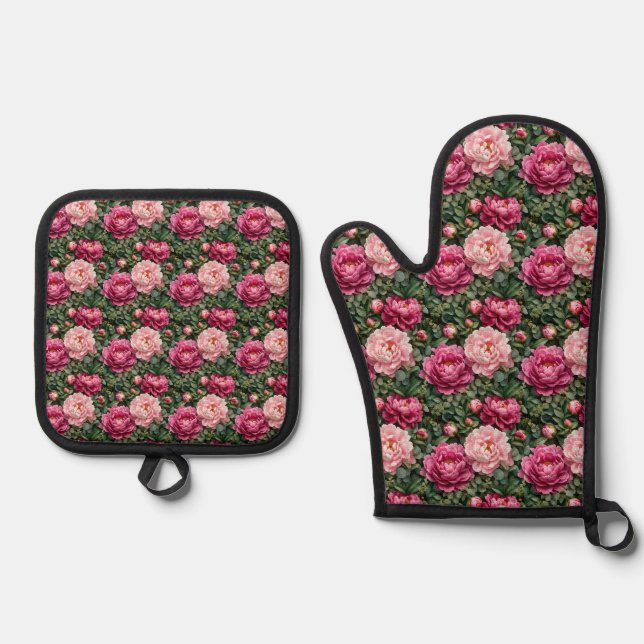 Lush Peony and Greenery Print Oven Mitt & Pot Holder Set (Front)