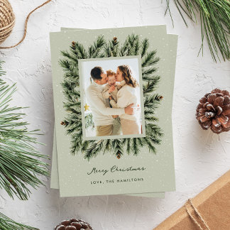 Lush Pine Branches Sage Green Christmas Photo Holiday Card