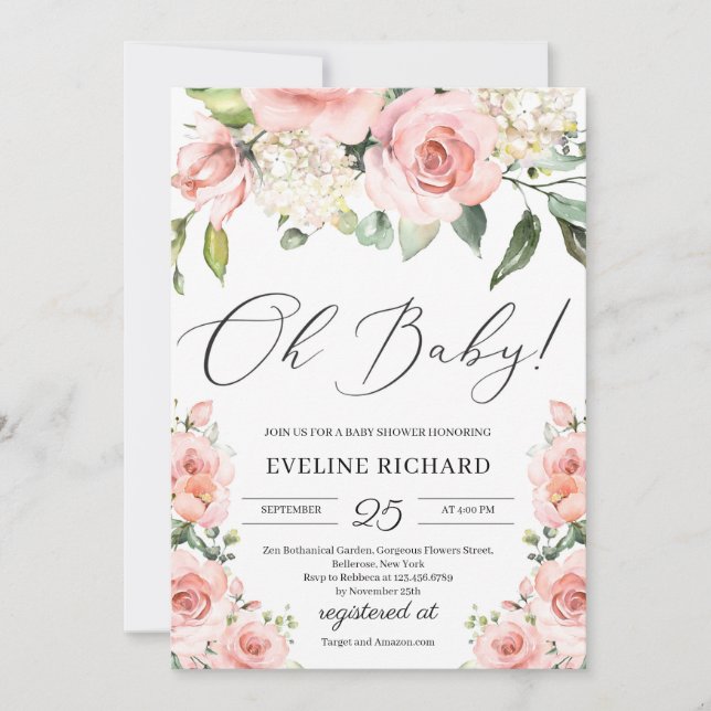 Lush pink floral bohemian calligraphy Oh Baby Invitation (Front)