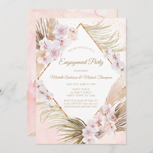Lush Pink Gold Watercolor Floral Engagement Party Invitation (Front/Back)