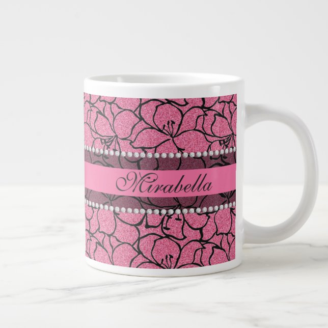 Lush Pink Lilies with black outline, pink glitter Large Coffee Mug (Right)