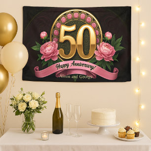 Lush Pink Peonies Gold 50th Wedding Anniversary Banner