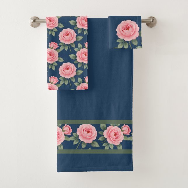 Lush pink roses botanical decorative pattern bath towel set (Insitu)