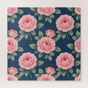 Lush pink roses botanical pattern jigsaw puzzle