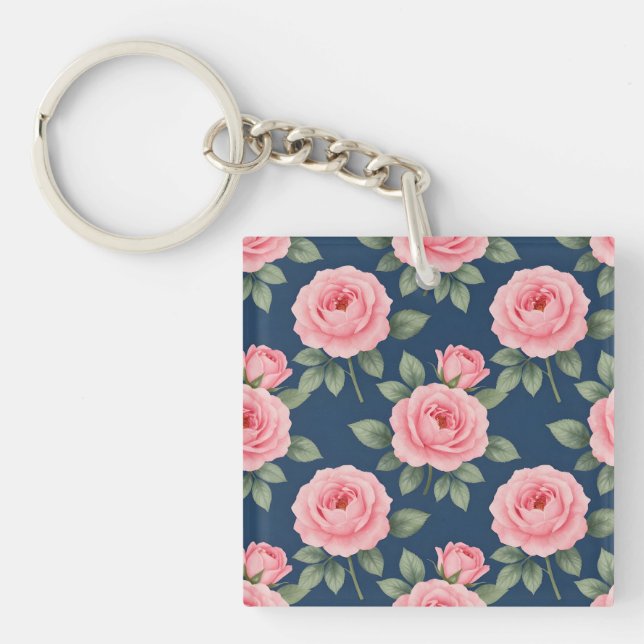 Lush pink roses botanical pattern key ring (Front)