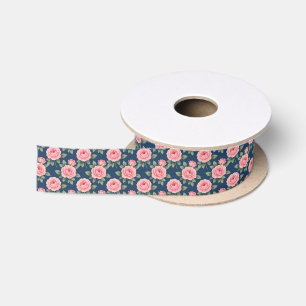 Lush pink roses botanical pattern satin ribbon