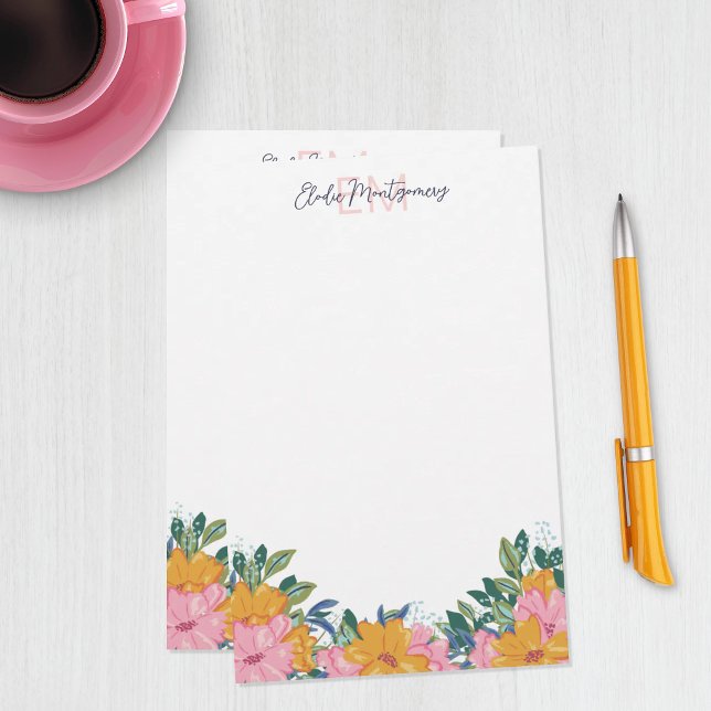Lush Pink Yellow Flowers Name & Initial Stationery (Creator Uploaded)
