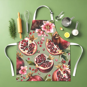 Lush Pomegranate Fruit and Flowers Pattern Apron