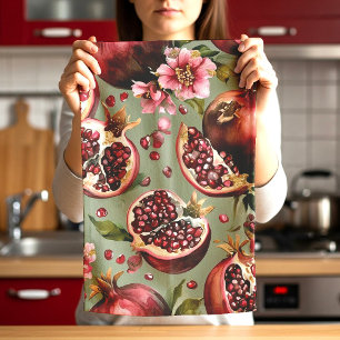 Lush Pomegranate Fruit and Flowers Pattern Tea Towel