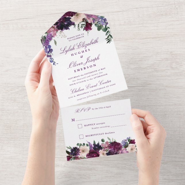 Lush Purple Flowers | Romantic Wedding All In One  Invitation (Tearaway)