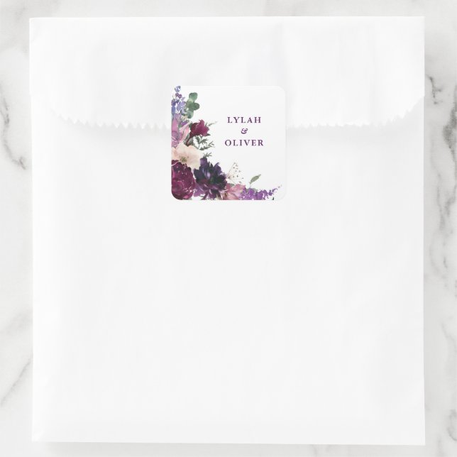 Lush Purple Flowers | Romantic Wedding Square Sticker (Bag)