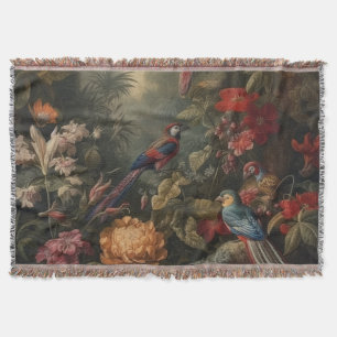 Lush Rainforest Jungle Parrots Botanical Art Throw Blanket