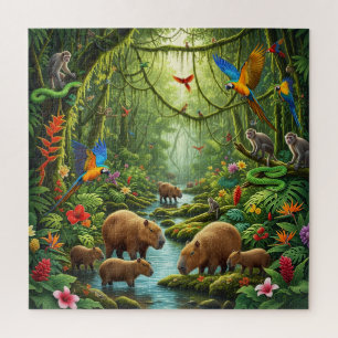 Lush rainforest scene teeming with capybaras jigsaw puzzle