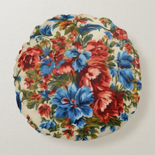 Lush Red and Blue Flowers with Lush Leaves Round Cushion