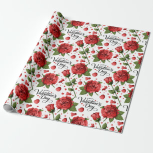 Lush Red Roses with Scattered Heart Petals Pattern Wrapping Paper