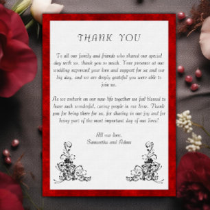 Lush Red Velvet, Black Ornaments Wedding Thank You Card