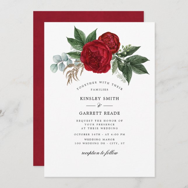 Lush Red Watercolor Peonies White Wedding Invitation (Front/Back)