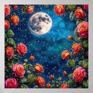 Lush Roses Framing a Full Moon in a Starry Night Poster