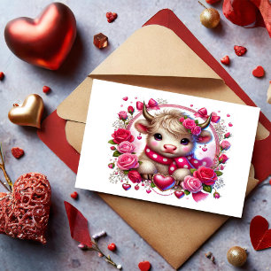 Lush Roses Highland Cow Valentines Holiday Postcard