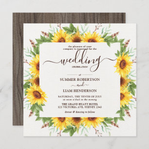 Lush Rustic Watercolor Sunflowers Wedding Invitation
