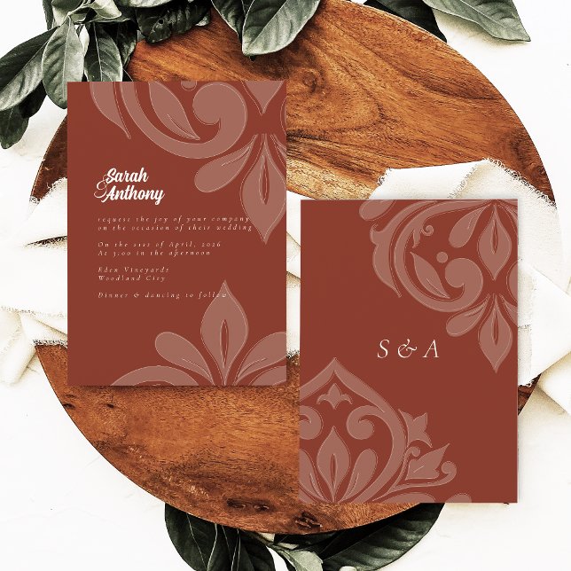 Lush Sienna Tasteful Elegant Script Damask Wedding Invitation (Creator Uploaded)