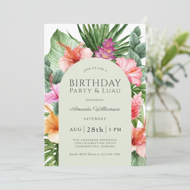 Lush Tropical Floral Birthday Party and Luau Invitation (Standing Front)
