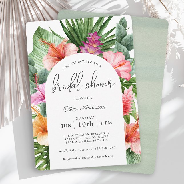 Lush Tropical Floral Bridal Shower and Luau Invitation (A beautiful tropical bridal shower invitation with a luau theme.)