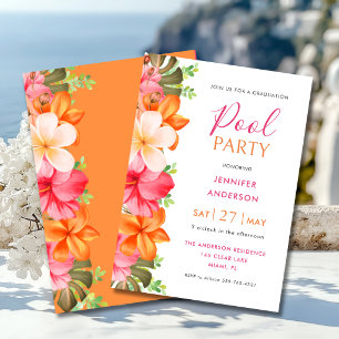 Lush Tropical Floral Graduation Pool Party Pink Invitation