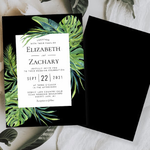 Lush Tropical Foliage Frame Black Wedding Invitation