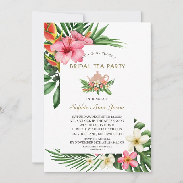 Lush Tropical Garden Flowers Bridal Tea Party Invitation (Front)