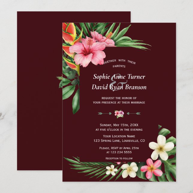Lush Tropical Garden Flowers Deep Burgundy Wedding Invitation (Front/Back)