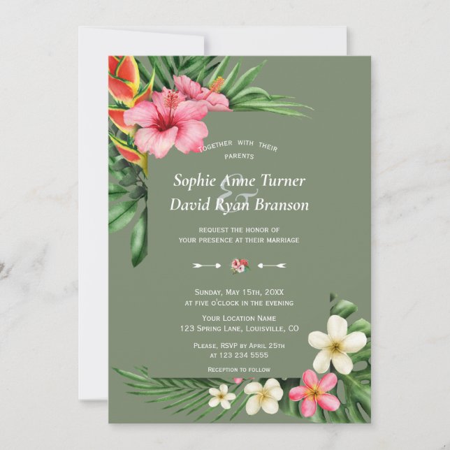 Lush Tropical Garden Flowers Sage Green Wedding Invitation (Front)
