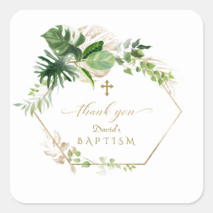 Lush Tropical Gold Leaves Gold Cross Baptism Square Sticker