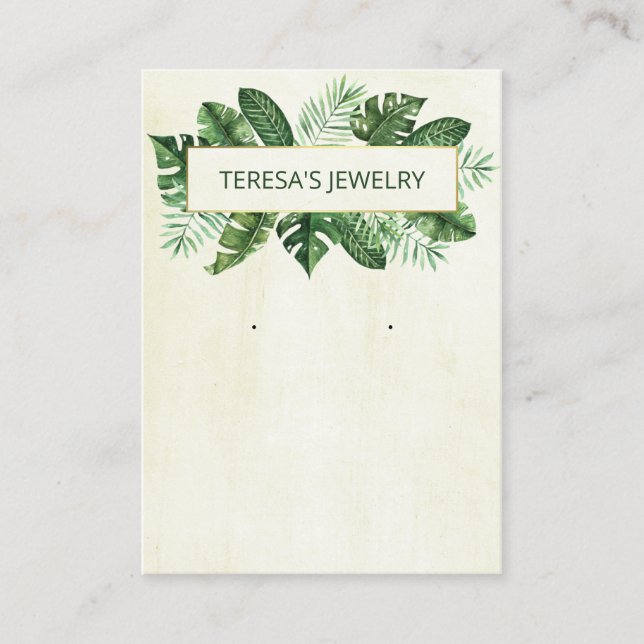 Lush Tropical Greenery On White Earring Display Business Card (Front)