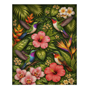 Lush Tropical Hummingbird Jungle Botanical Gallery Poster