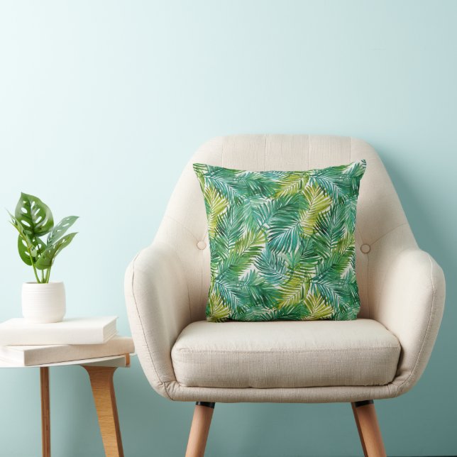 Lush Tropical Island Green Palm Leaf Watercolor  Cushion (Chair)