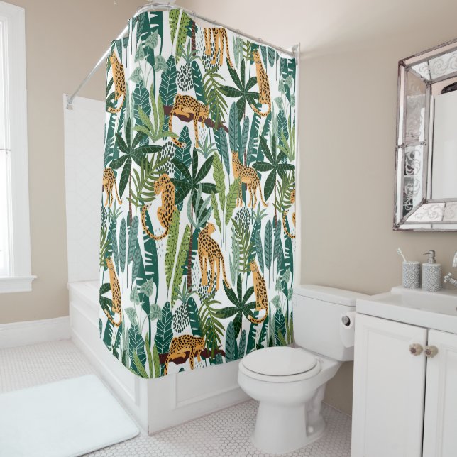 Lush tropical jungle and lions pattern shower curtain (In Situ)