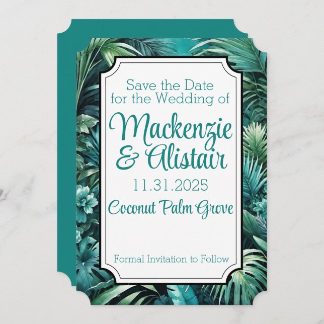 Lush Tropical Jungle Greenery Beach Wedding Save The Date (Front/Back)