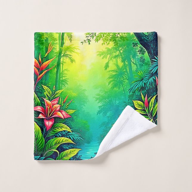 Lush Tropical Jungle Oasis Design Bath Towel Set (Wash Cloth)