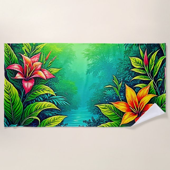 Lush Tropical Jungle Oasis Design Beach Towel (Front)