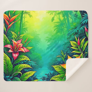 Lush Tropical Jungle Oasis Design Sherpa Blanket