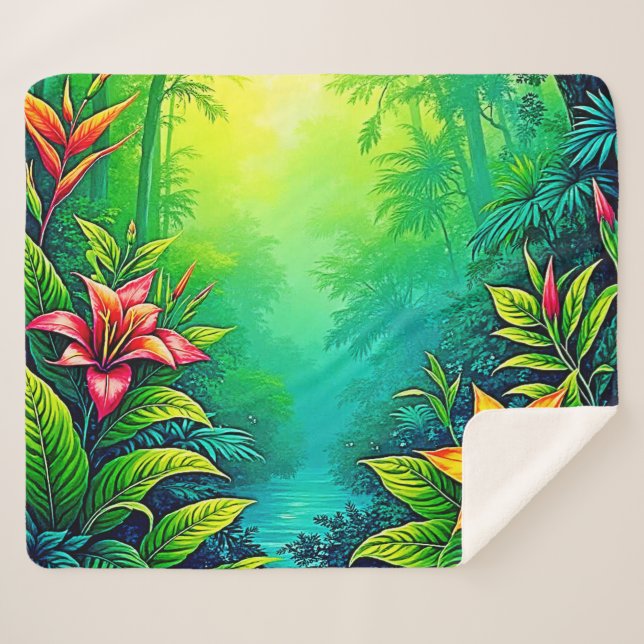 Lush Tropical Jungle Oasis Design Sherpa Blanket (Front (Horizontal))