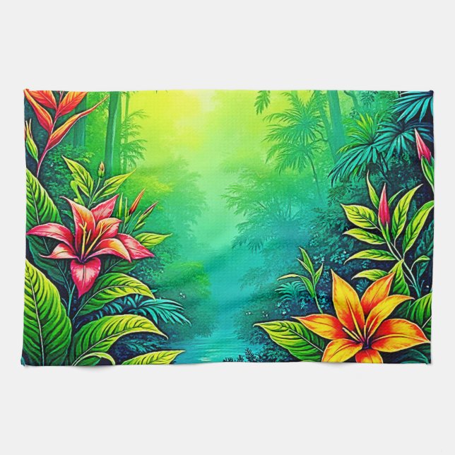 Lush Tropical Jungle Oasis Design Tea Towel (Horizontal)